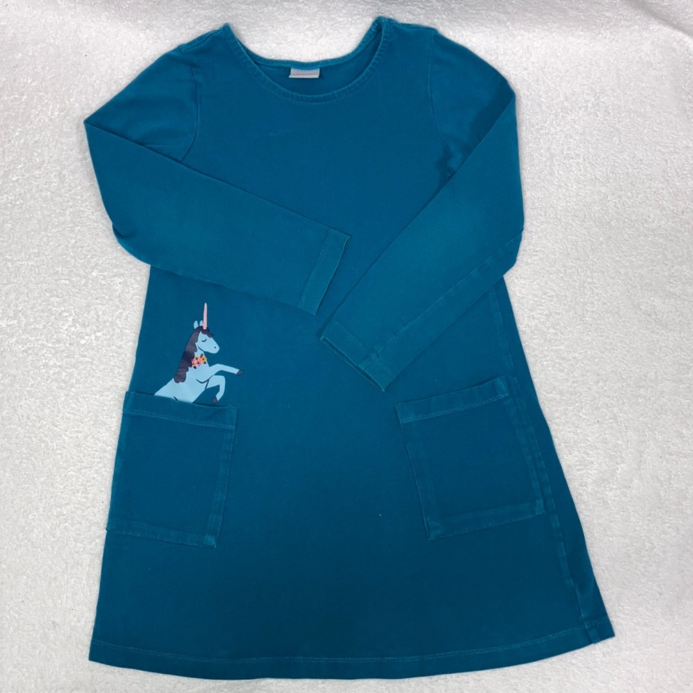 Hanna Andersson teal cotton long sleeve cotton front pocket unicorn dress 6/7